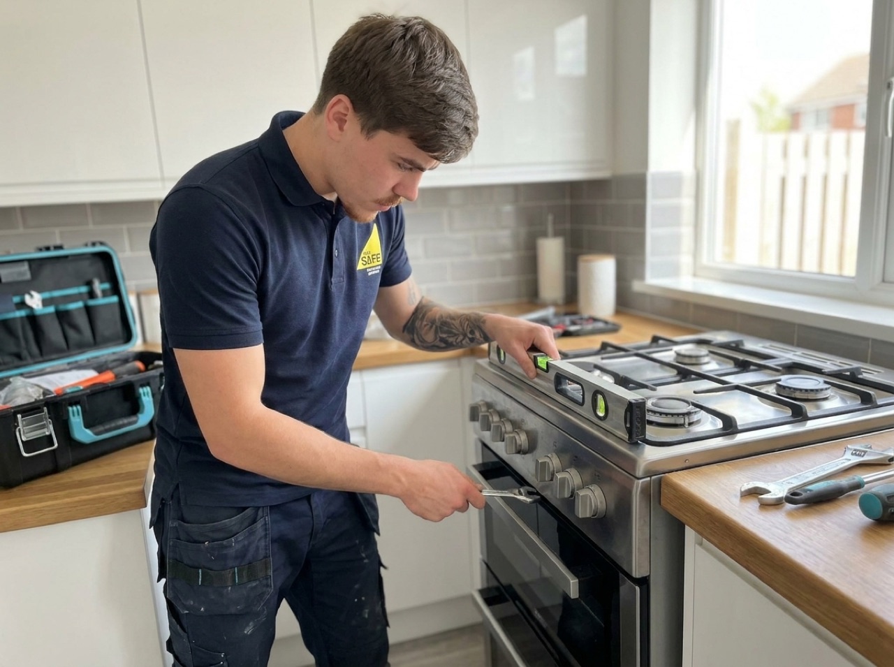 Gas cooker installed & safety-checked — Connected, levelled and safety-checked the appliance, and capped off the old supply.